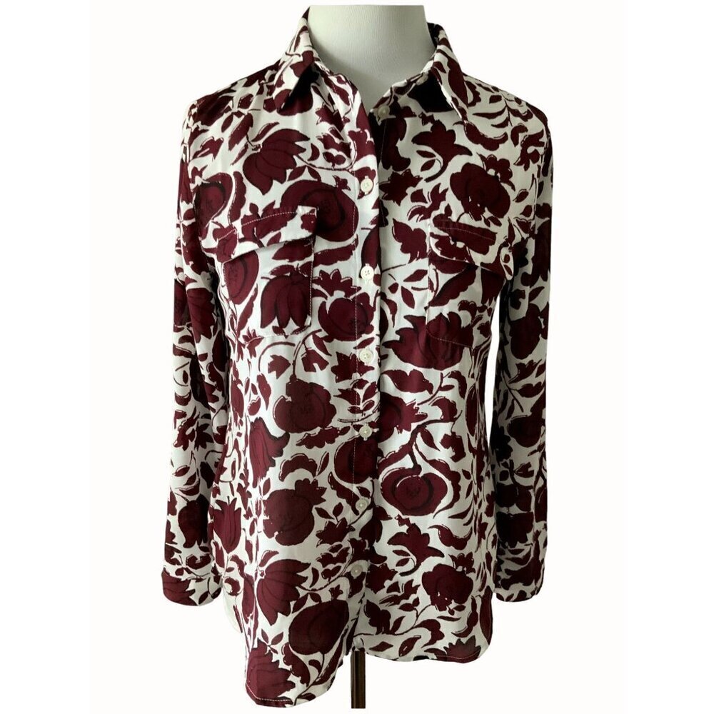 Ann Taylor Loft button down cream burgundy floral adjustable sleeve blouse SP